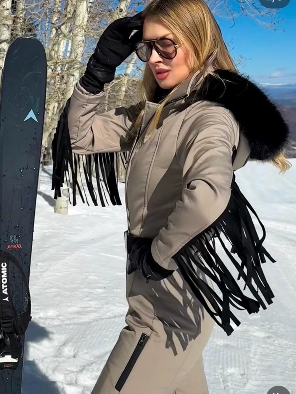 Women’s Taupe and black Ski suit, with Black Fringe & real Fur Trim, Small